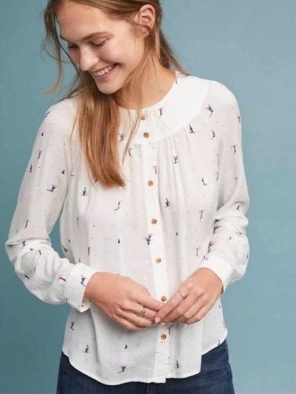 Conversations Anthropologie 23 of 52 Shirt Buttons Blouse White Ski Polka Dot 10